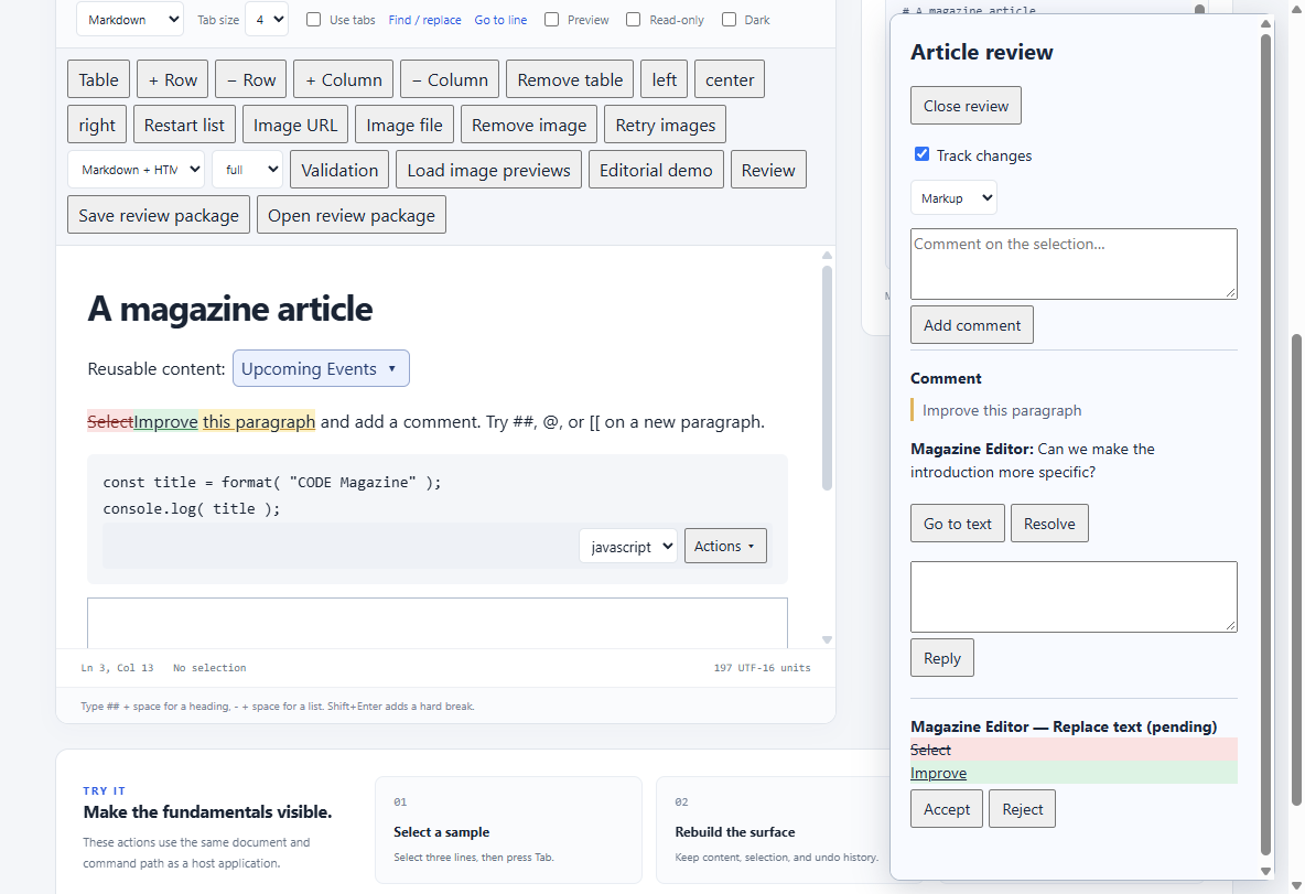 Atomic textblock, code toolbar, comments and tracked edits