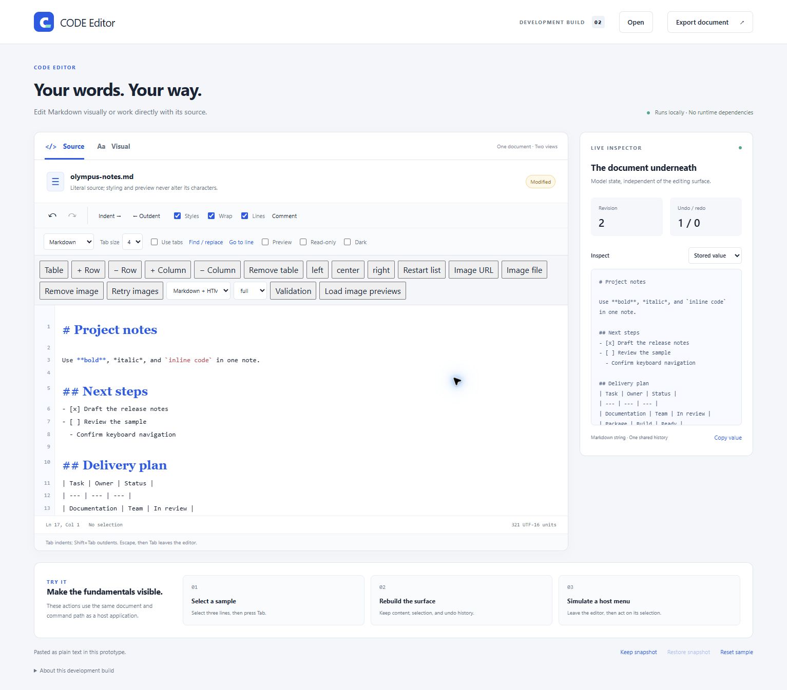 Browser sample in Markdown Source mode with its toolbar and live document inspector