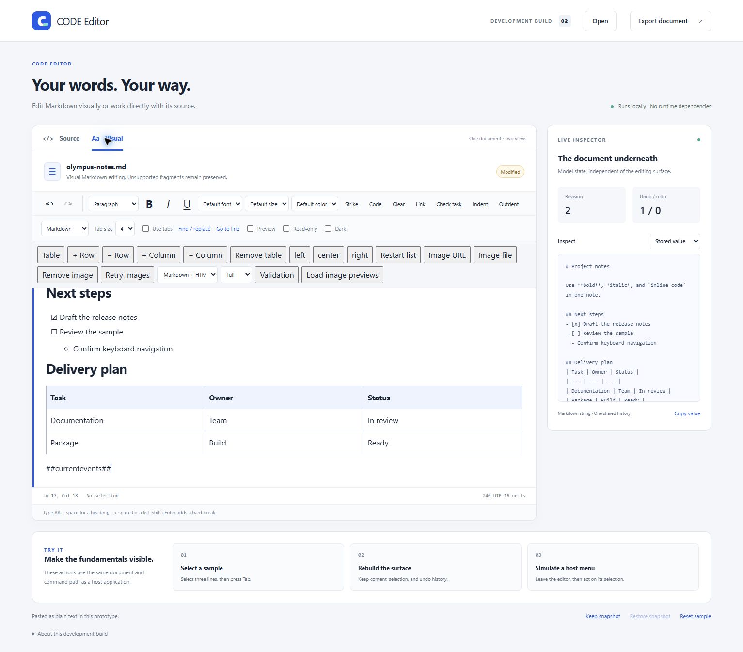 Browser Visual editor scrolled to show task items, a nested list and the complete delivery table