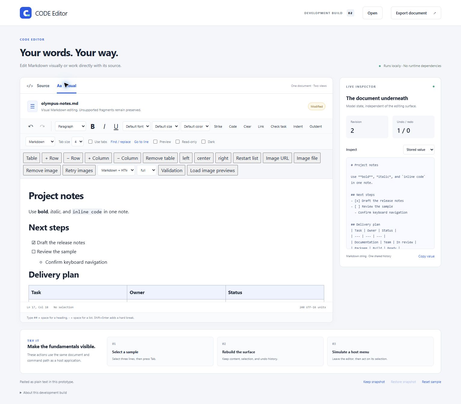 Browser sample in Visual mode with formatting controls and the same stored Markdown in the inspector