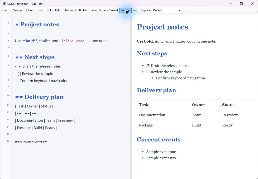 Markdown source beside a separately styled preview with a resize divider and expanded Current events section
