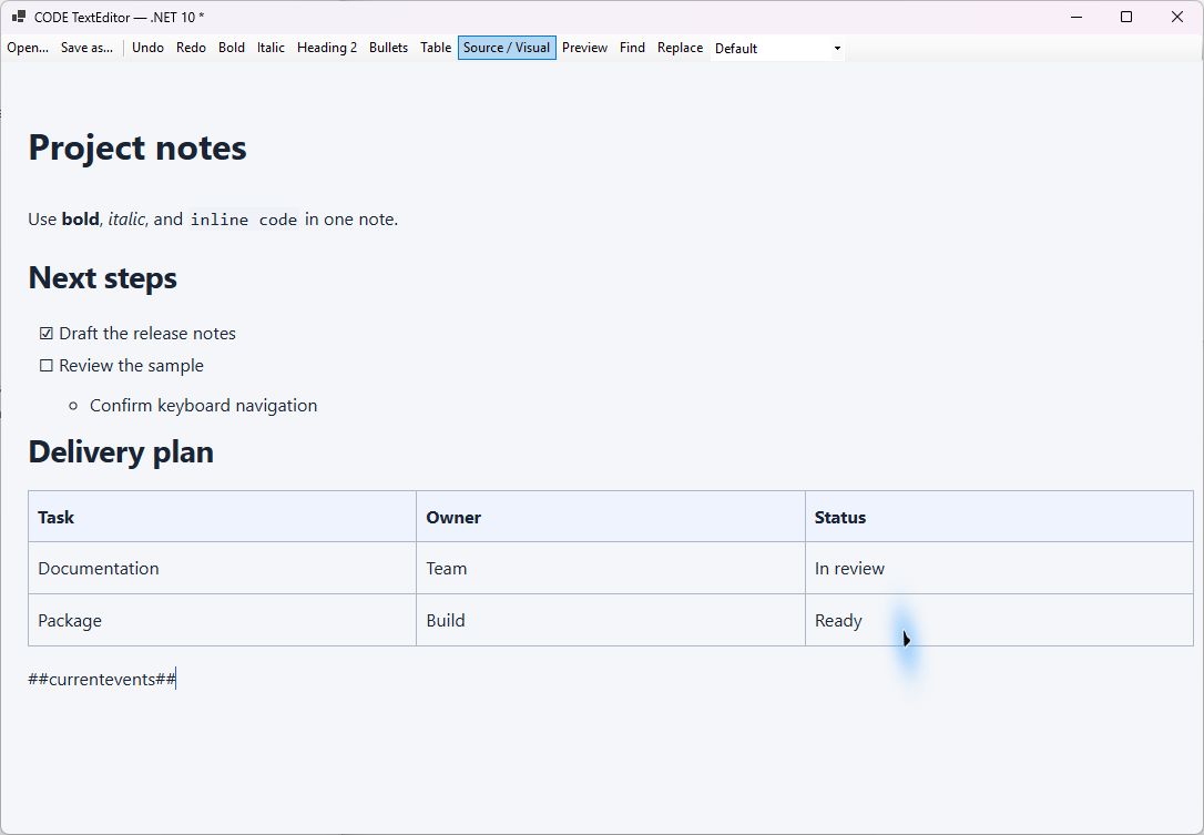 WinForms sample showing formatted text, nested lists, and a table