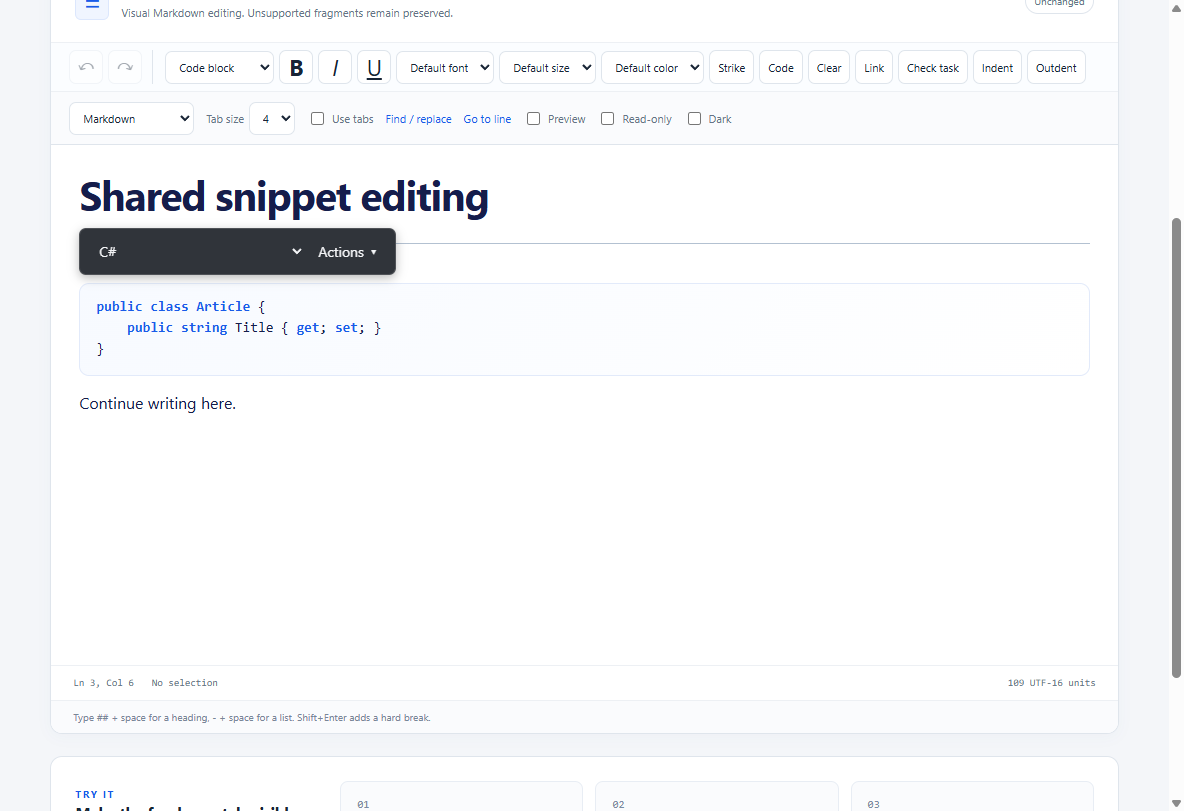 Visual snippet with the shared language and Actions toolbar
