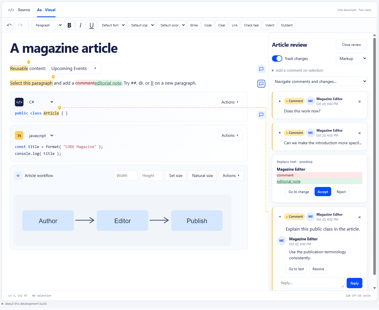 Current default editorial visuals with persistent anchors and a focused comment connector