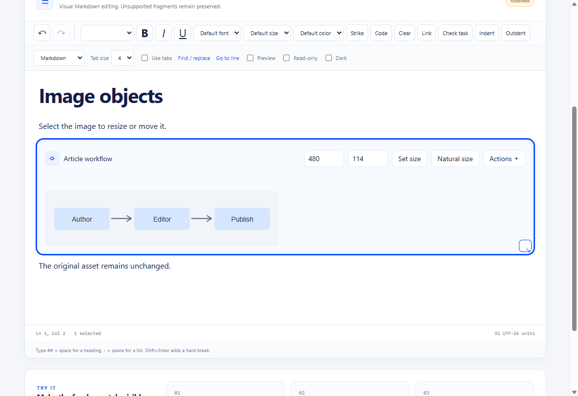 Selected image with size controls and a resize handle