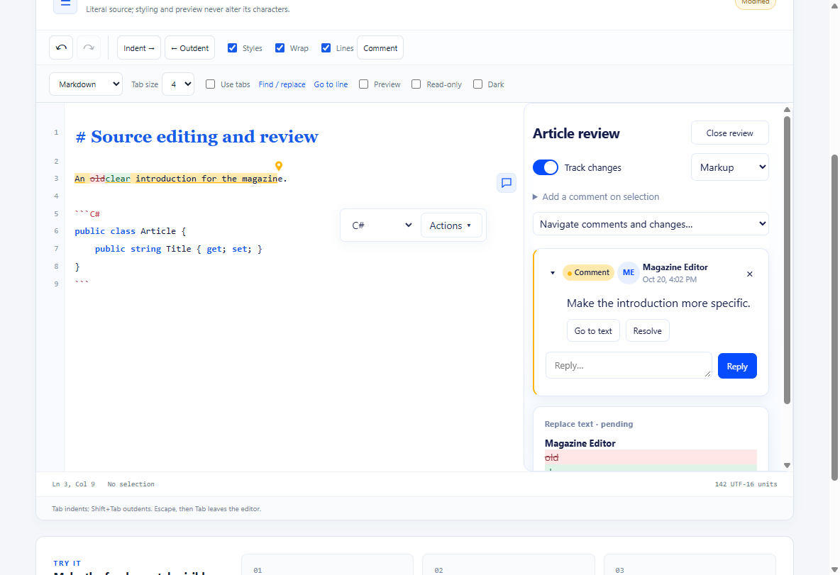 Source comments, tracked edits and C# code controls beside an editor-relative review margin