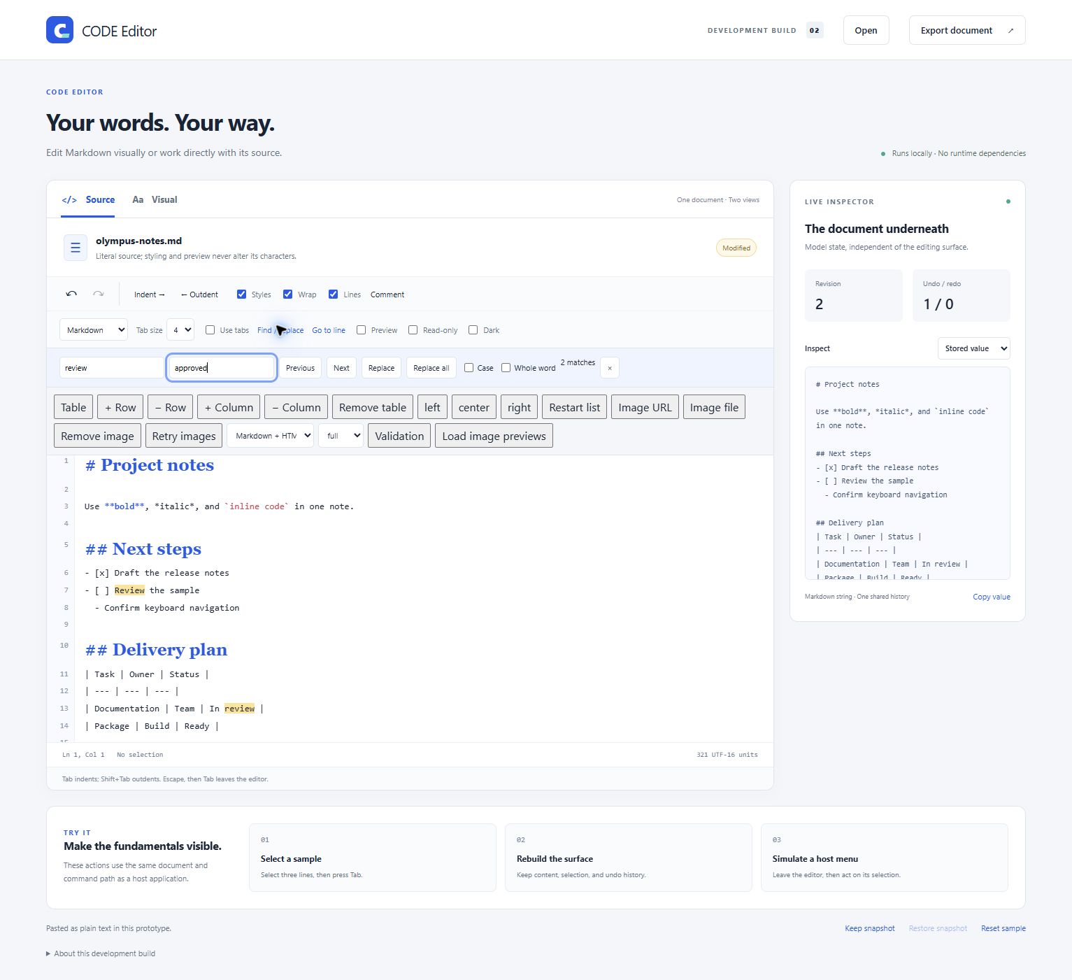 Browser sample's find-and-replace bar with two highlighted review matches