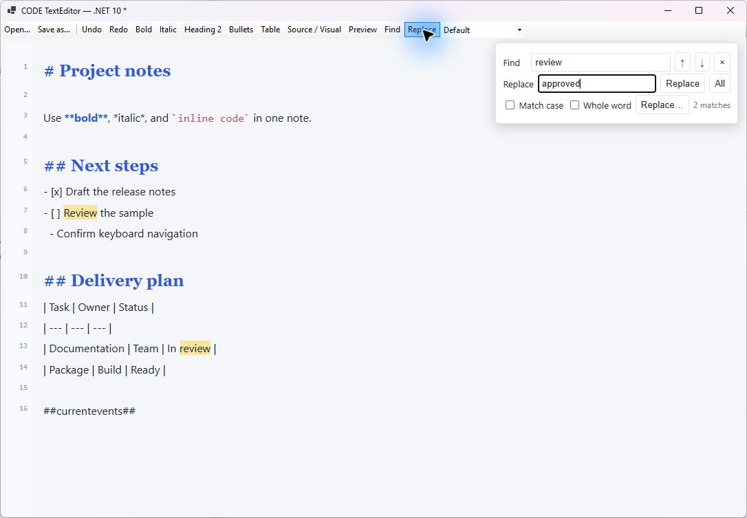 Internal find-and-replace panel showing two highlighted matches for review