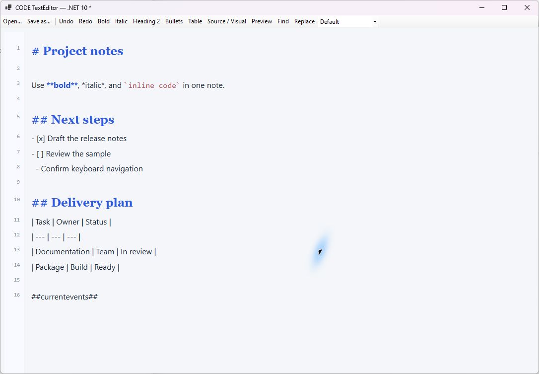 Markdown Source mode with syntax decoration and line numbers