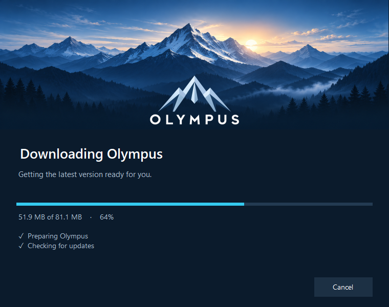 The Olympus launcher displaying download progress, transferred bytes, and recent startup stages.