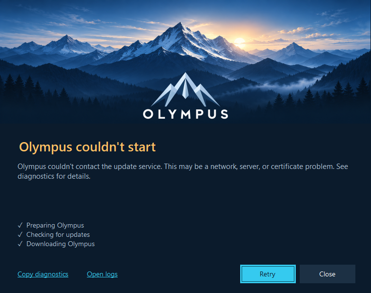 The launcher error screen with Retry, Copy diagnostics, and Open logs actions.