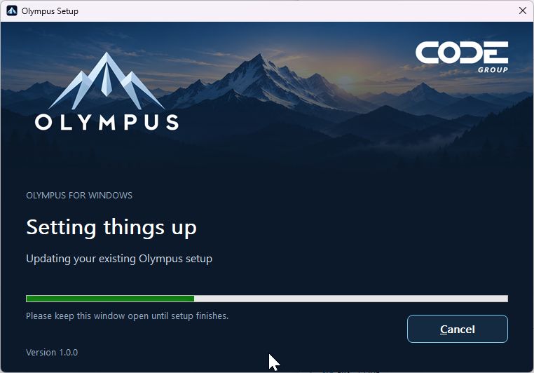 The running Olympus setup showing installation progress, CODE Group branding at the top-right, and the version at the bottom-left.